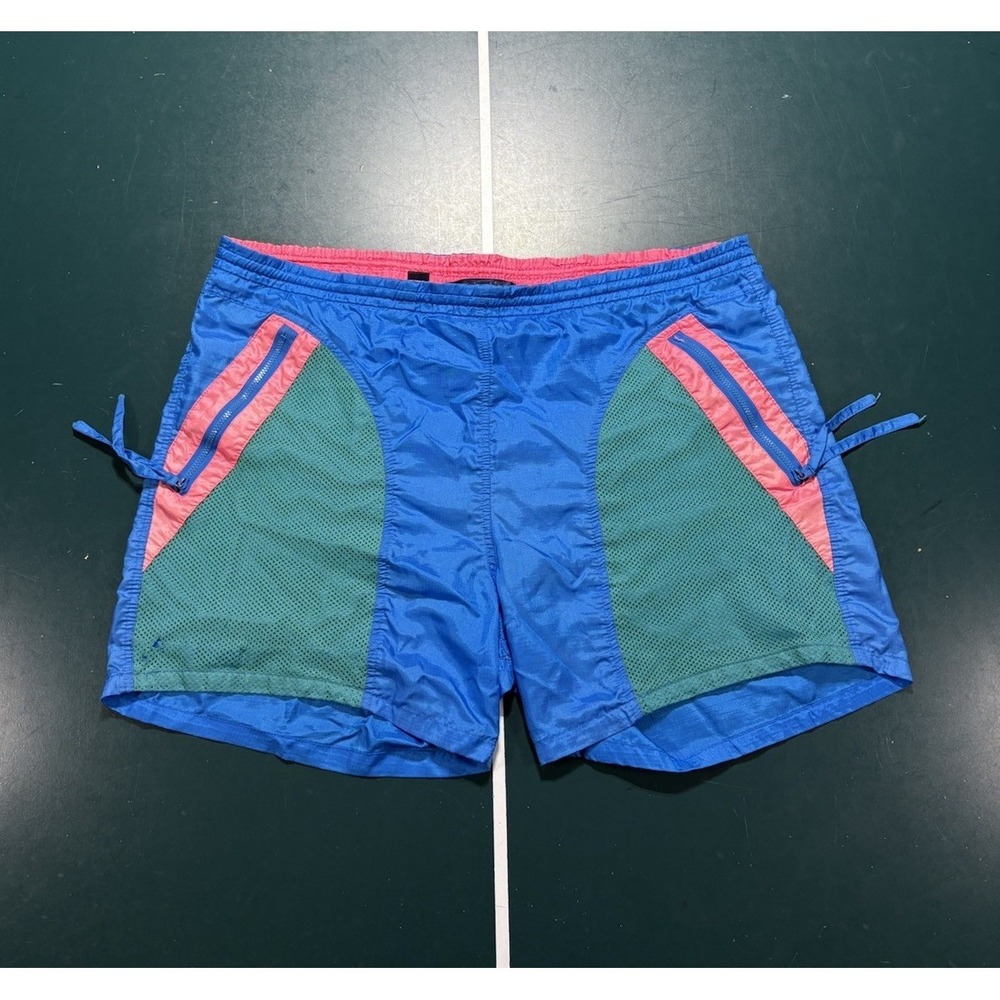 Vintage 80s Columbia Nylon Shorts Men 36 Teal Blue Color block Beach Retro Lined